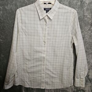 Lands End Women's Sz 12T Blouse Tunic gray black white plaid No iron supima